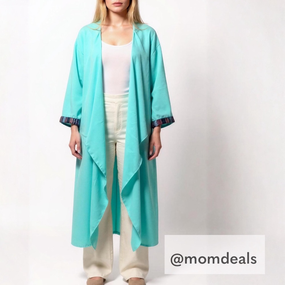 NWT LulaRoe Sheer Open Front Long Duster Batwing Sleeve Mint Embroidered DetailA